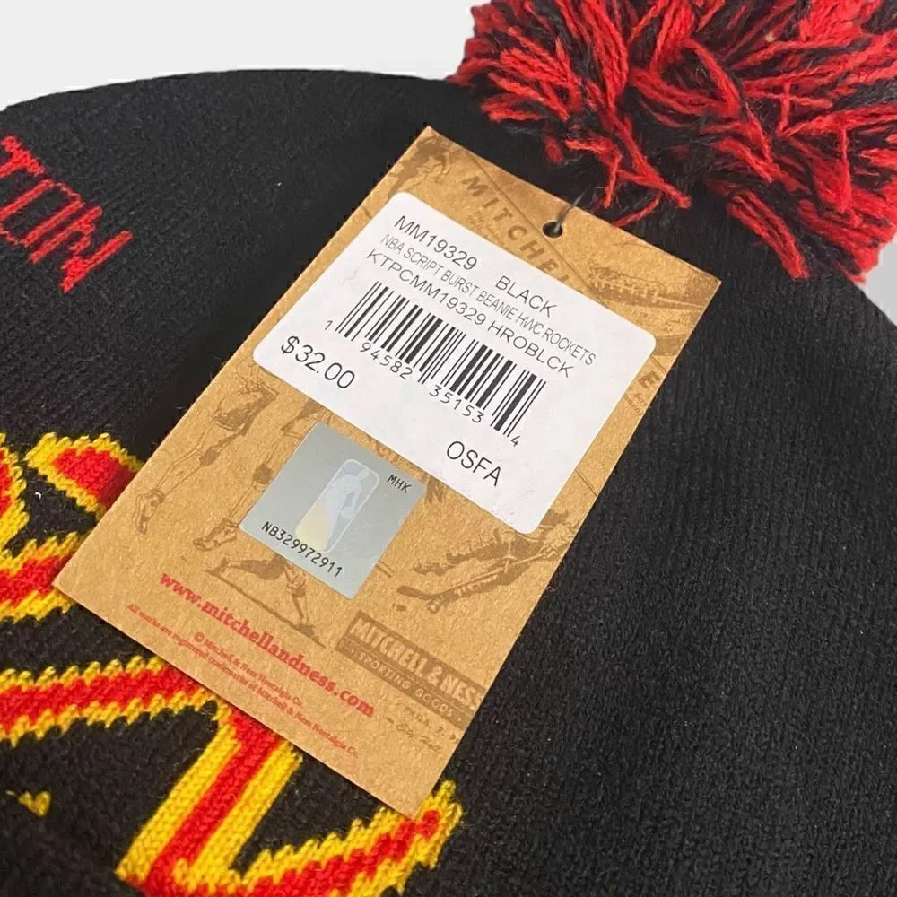 Mitchell & Ness NBA Houston Rockets Script Burst Knit Pom Beanie Brand New (b)